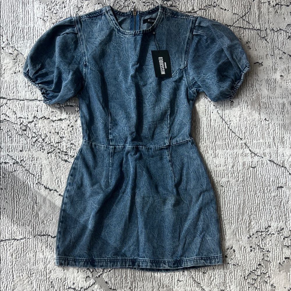 Missguided + Blue Denim Puff Sleeve Mini Dress
